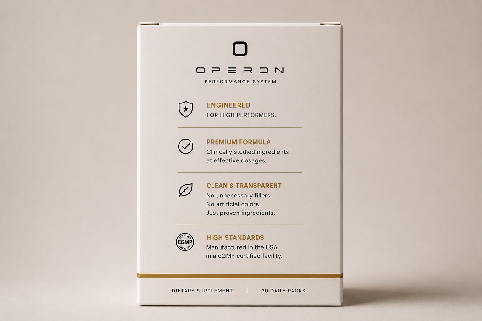 Back of the Operon box — engineered, premium formula, clean and transparent, cGMP certified