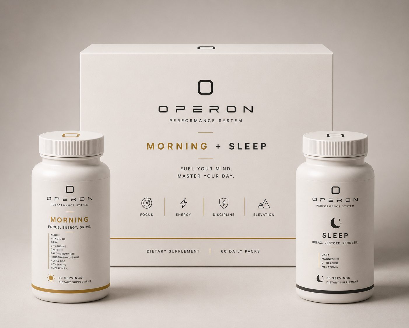 Operon Morning + Sleep bundle — two bottles and the system box